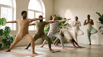Seis hombres de diversas etnias practican yoga sobre tapetes en un estudio con grandes ventanales, paredes claras y plantas verdes.