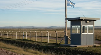 Fotografía de una garita de vigilancia gris con bandera argentina, un alambrado de postes de hormigón y campos verdes secos bajo un cielo claro.