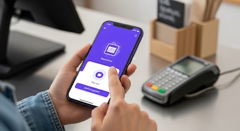 Primer plano de manos sosteniendo un smartphone con una aplicación de billetera virtual abierta, mostrando opciones de pago. Un datáfono está desenfocado al fondo.