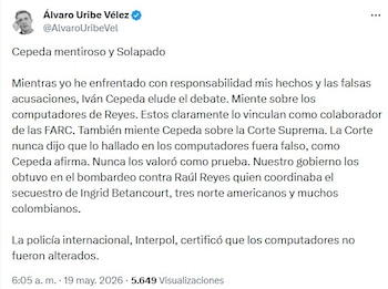A poco menos de dos semanas para la primera vuelta presidencial en Colombia, el expresidente Álvaro Uribe Vélez amplificó la tensión electoral con un nuevo señalamiento público a Iván Cepeda, actual aspirante presidencial por el Pacto Histórico - crédito @AlvaroUribeVel/X