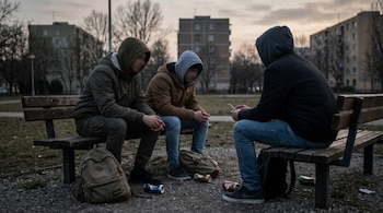 Tres jóvenes con capucha sentados en un banco de madera en un parque urbano al atardecer. Uno tiene un cigarrillo artesanal. Latas y mochilas en el suelo.