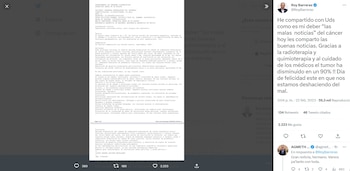 Roy Barreras compartió su último parte de salud en su cuenta de Twitter, acompañado del reporte médico oficial (@RoyBarreras/Twitter)