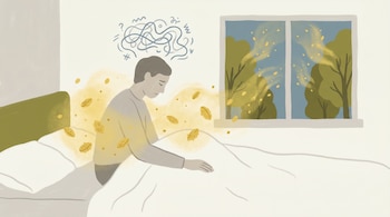 Figura humana sentada en la cama, rodeada de polen amarillo, con un revoltijo de líneas grises sobre su cabeza. Ventana con árboles y polen volando fuera.