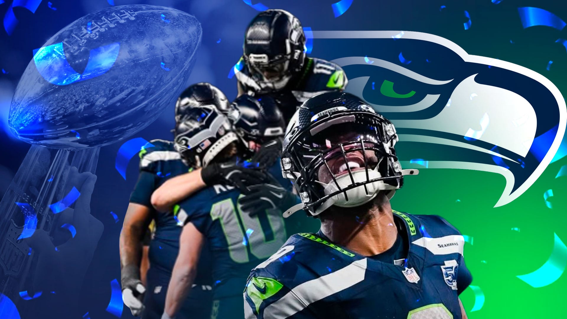 Jugadores de los Seattle Seahawks celebran su éxito en la NFL, con el Trofeo Lombardi y su logo icónico, mientras confeti azul cae a su alrededor (Jesús Aviles Ilustración Infobae) ((Jesús Aviles Ilustración Infobae))