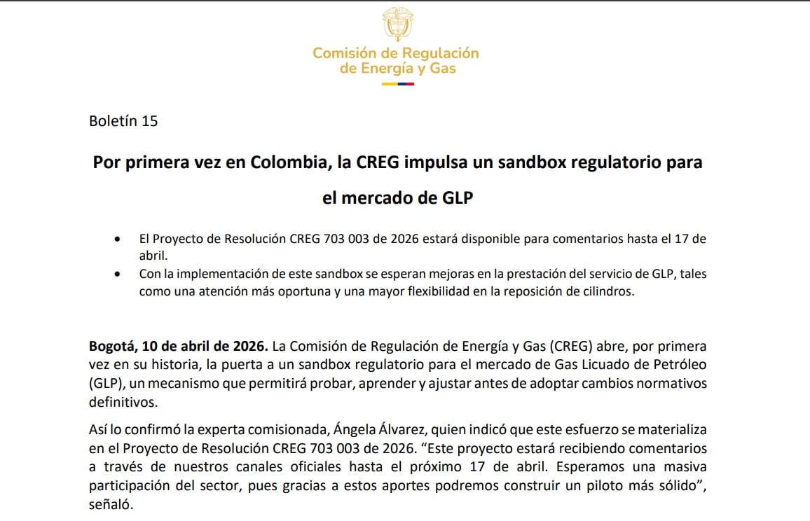 El Proyecto de Resolución CREG 703 003 de 2026 abre espacio para comentarios de empresas y expertos del sector GLP - crédito Creg