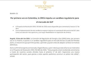 El Proyecto de Resolución CREG 703 003 de 2026 abre espacio para comentarios de empresas y expertos del sector GLP - crédito Creg