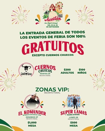 Cartel promocional con información sobre la entrada gratuita a la Expo Feria del Queso Acatlán y precios de conciertos
