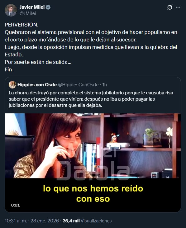 El tuit de Javier Milei donde difundió una escucha de Cristina Kirchner