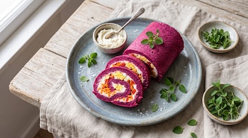 Plato con rodajas de arrollado magenta de remolacha relleno de queso, zanahoria y huevo, junto a cuencos con crema y hojas de orégano.