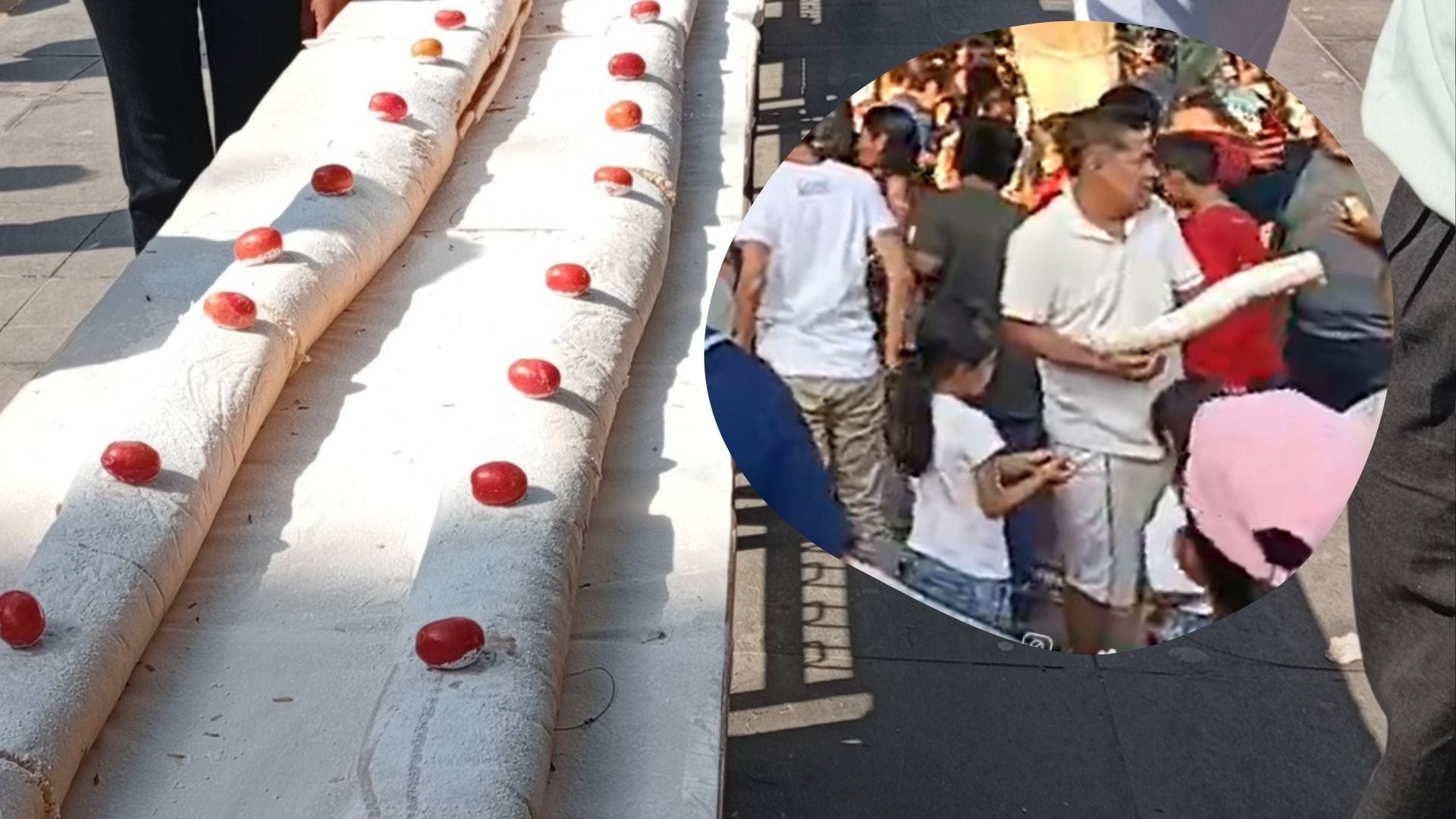 En un evento caótico en Virú, la multitud se abalanzó sobre el pionono más grande del mundo, consumiéndolo antes de su presentación oficial y generando desorden. (Infobae)