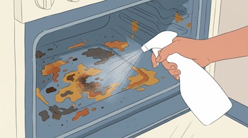 Ilustración de una mano que rocía líquido desde un pulverizador blanco sobre las manchas acumuladas en el interior de un horno.