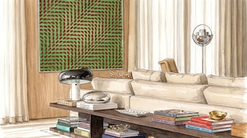 Ilustración de una sala con sofá beige, mesa de centro con libros y una lámpara, y un cuadro verde con patrones rojos en la pared.