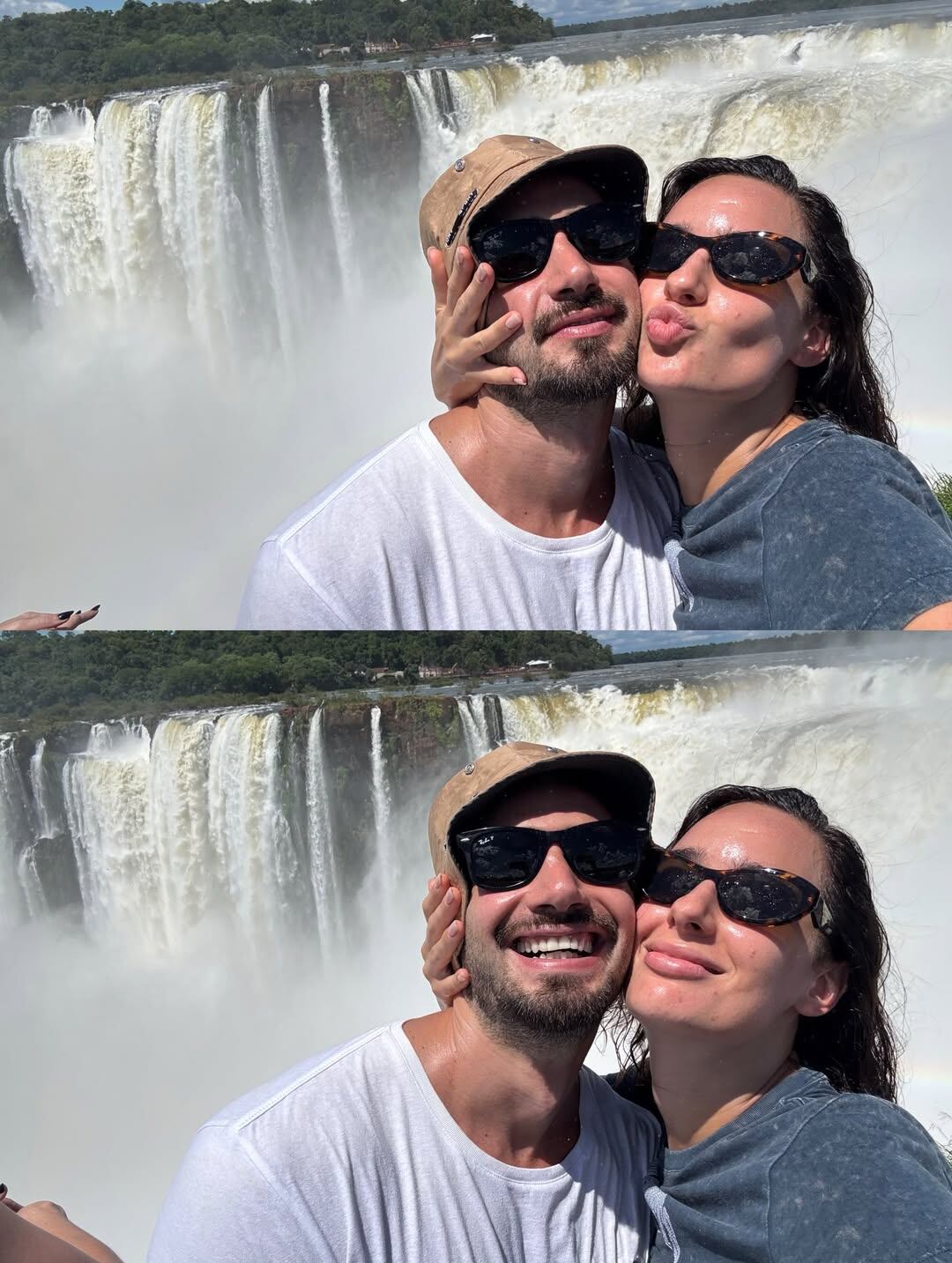 La pareja en la Garganta del Diablo, el salto más imponente y uno de los principales atractivos en las Cataratas del Iguazú