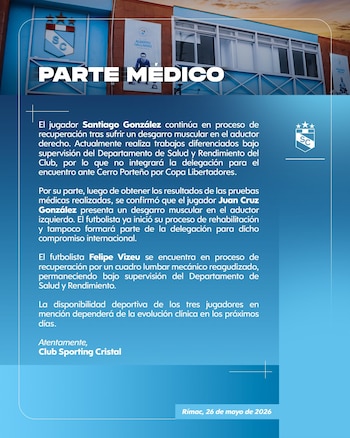 Sporting Cristal compartió parte médico de Santiago Gonzáles, Juan Cruz y Felipe Vizeu. Crédito: X Sporting Cristal.