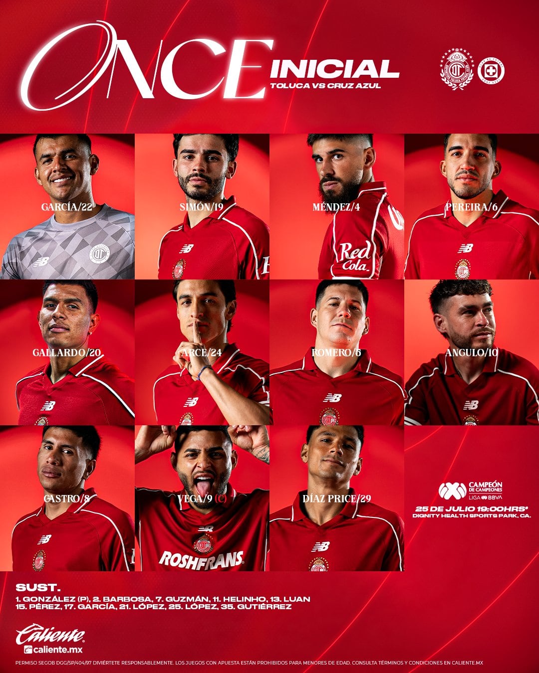 La alineación de Toluca para enfrentar a Cruz Azul. (X/ @TolucaFC)