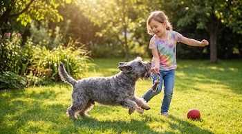Una niña sonriente con camiseta tie-dye y pantalón vaquero juega con un perro Cesky Terrier gris que sujeta un juguete de cuerda. Hay una pelota roja en el césped.