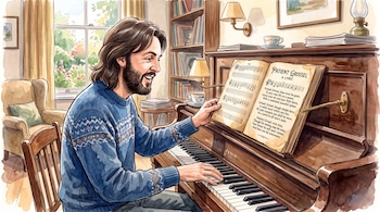 Un hombre con barba y suéter azul toca un piano vertical junto a un libro abierto con la partitura y letra de Patient Grissel.
