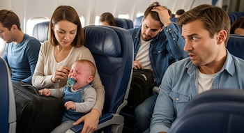 Un bebé llora con chupete en brazos de su madre en un avión, el padre se toma la cabeza y un pasajero cercano los observa con expresión de fastidio.