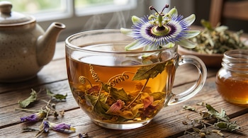 Taza de vidrio transparente con infusión de pasiflora humeante, hojas secas y una flor de pasiflora morada y blanca. Mesa de madera rústica con tetera y miel.