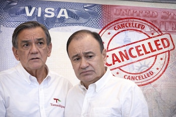 Dos hombres, Américo Villarreal y Alfonso Durazo, con camisas blancas y expresión preocupada. Detrás, una visa americana con un sello rojo "CANCELLED".