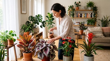 Una mujer con una regadera metálica y un paño atiende macetas de croton, begonia rex, anthurium y guzmania en un salón.