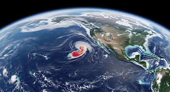 Vista fotorrealista del planeta Tierra desde el espacio, mostrando el océano Pacífico con una zona de calentamiento de tonos rojos y amarillos, nubes blancas y costas de América.