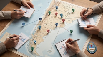 Mapa de Argentina sobre mesa de madera, con veintidós marcadores de ubicación y cuerdas. Cuatro manos con bolígrafos escriben en libretas con gráficos. Escudo argentino.