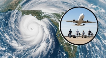 Un huracán gigante cubre Florida desde el espacio con su ojo visible, y un círculo muestra un avión despegando mientras personas con maletas caminan por la pista.