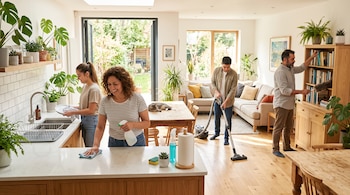 Cuatro personas limpian una casa: dos mujeres en la cocina, un joven con una aspiradora y un hombre que sacude los estantes de una biblioteca.