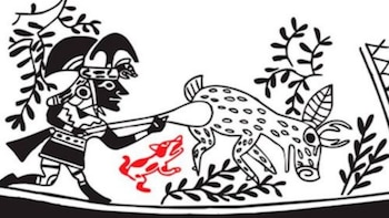 Ilustración en blanco y negro de estilo prehispánico con un hombre con casco y lanza, un perro rojo y un venado. Elementos vegetales y un borde oscuro