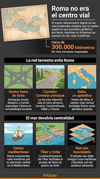 Infografía con mapa antiguo, ilustraciones de carreteras, un barco romano, un puerto y mapas con una lupa sobre fondo oscuro.