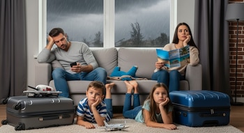 Una familia con padres en el sofá y dos niños en el suelo, todos aburridos, mirando la lluvia por la ventana. Varias maletas preparadas están junto a ellos.