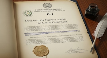 Documento oficial en pergamino sobre los Cayos Zapotillos con un sello, una firma, una pluma de ave y un tintero en un escritorio de madera.