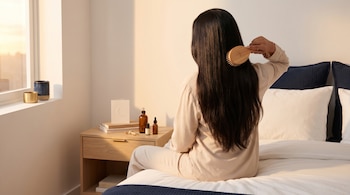 Mujer de espaldas con cabello largo, sentada en cama blanca, peinándose con cepillo de madera. Mesa de noche con frascos de aceite y tarjeta de luna.