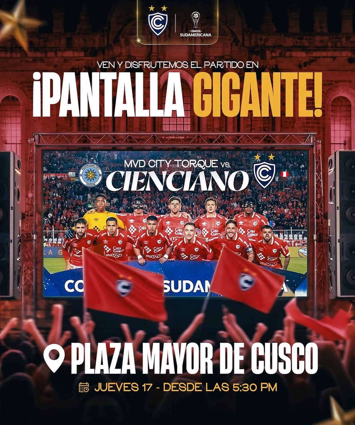 Cienciano vs Montevideo City Torque, partido de vuelta por cuartos de final, se podrá ver en pantalla gigante.