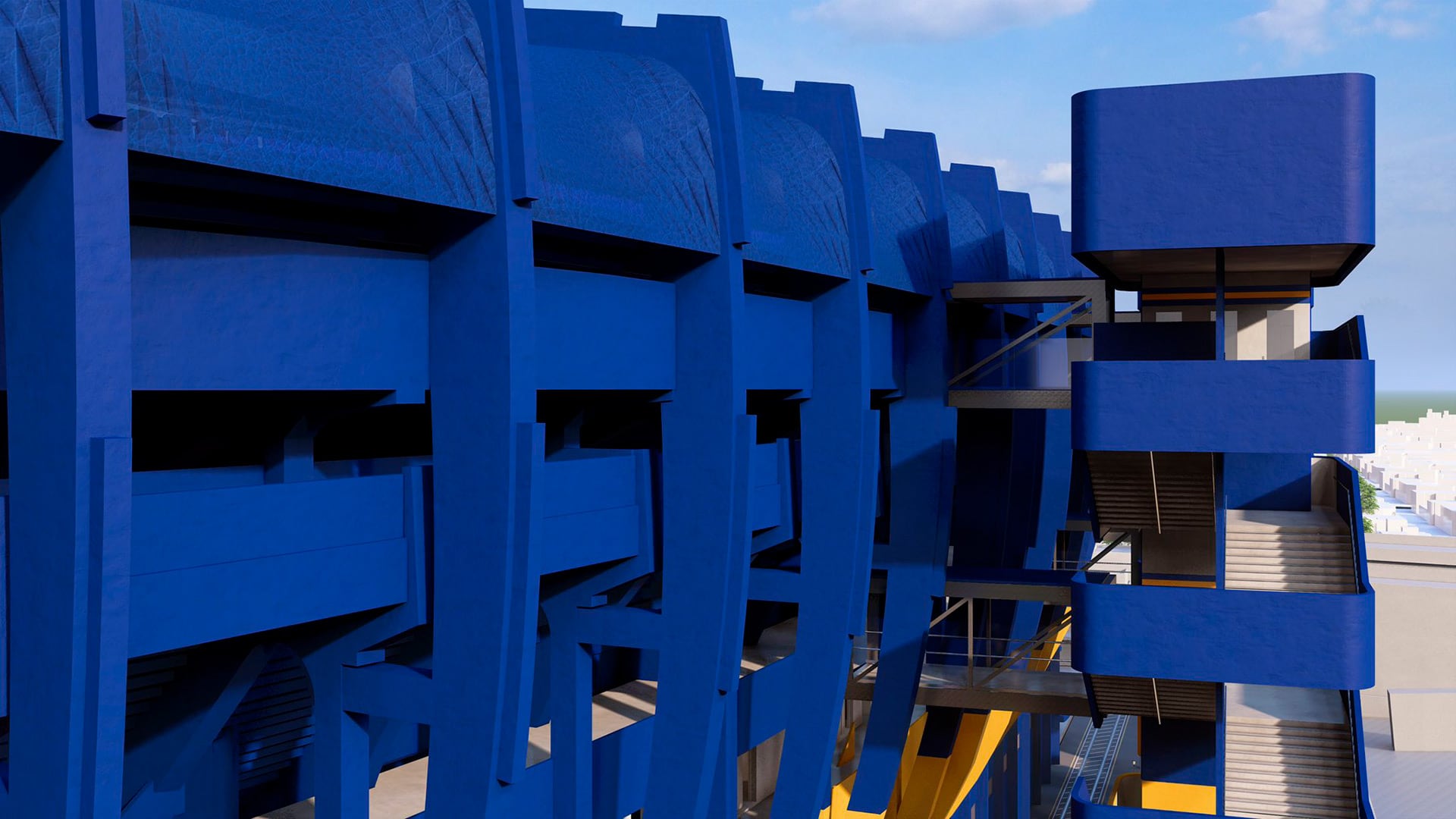 Una vista del exterior del estadio La Bombonera, mostrando el progreso de las obras de renovación con su distintiva estructura azul y elementos modernos (@BocaJrsOficial)