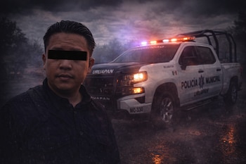 Un hombre con los ojos cubiertos por una barra negra mira al frente, con una patrulla de Policía Municipal de Uruapan con luces encendidas detrás, bajo un cielo oscuro.