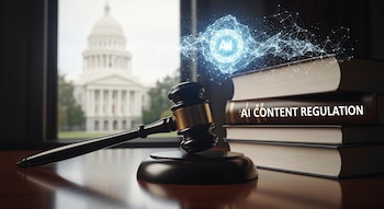 Un mazo de juez y libros con 'AI CONTENT REGULATION' en un escritorio de madera, con un edificio gubernamental y un gráfico digital de IA en el fondo.