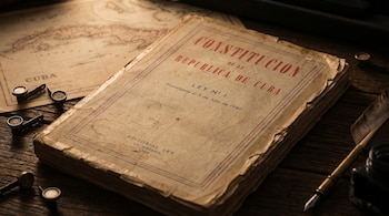 Primer plano de una Constitución cubana de 1940 desgastada sobre madera, junto a un mapa antiguo de Cuba, teclas de máquina de escribir y una pluma.