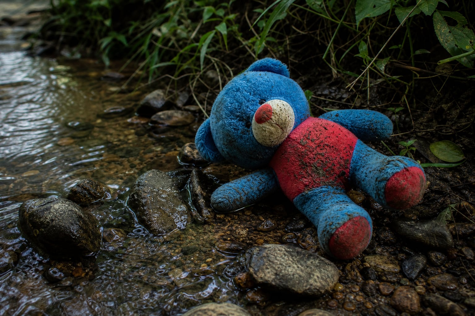 Un oso de peluche azul y rojo yace mojado y cubierto de barro sobre las piedras de una quebrada junto a la vegetación. (Imagen Ilustrativa Infobae)