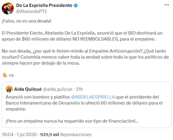 Cuenta de seguidores De La Espriella Presidente le respondió a Aida Quilcué - crédito @AbelardoPTE/X