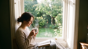 Mujer sentada junto a una ventana, sostiene una taza humeante, tiene un libro abierto sobre una manta que cubre sus piernas. El exterior es verde y luminoso.