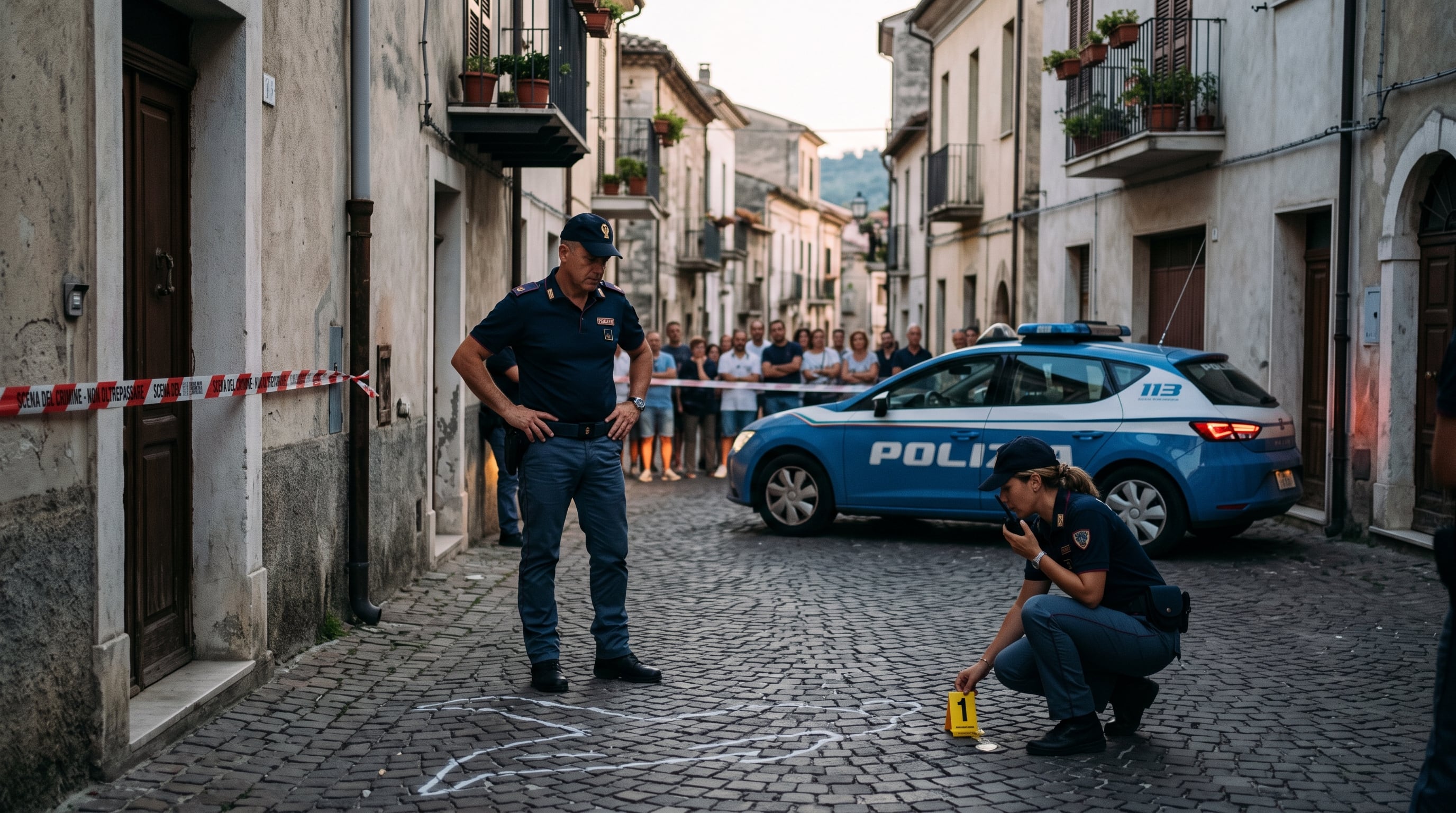 Varios agentes de la policía italiana analizan la escena de un homicidio acordonada en una calle empedrada de una localidad de Italia. (Imagen Ilustrativa Infobae)