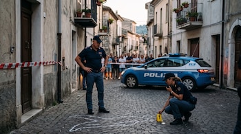 Dos policías junto a una silueta marcada en el suelo, un vehículo policial, cinta de seguridad y espectadores al fondo de una calle empedrada.