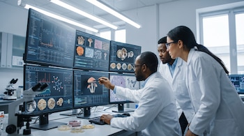 Tres científicos en batas de laboratorio frente a múltiples pantallas de computadora con datos, gráficos, estructuras químicas, hongos y microorganismos. Microscopio y placas Petri.