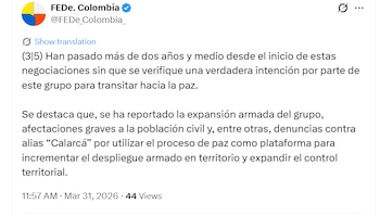 La fundación reiteró la necesidad de que la Fiscalía adopte con urgencia una decisión de fondo sobre la orden de captura - crédito @FEDe_Colombia_/X