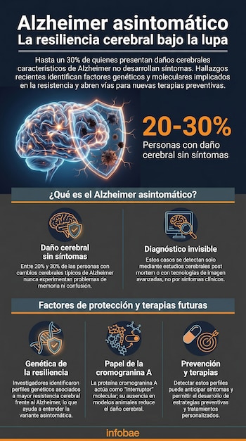 Infografía del cerebro humano protegido por un escudo, con conexiones neuronales brillantes y células dañadas, ilustrando la resistencia al Alzheimer asintomático.