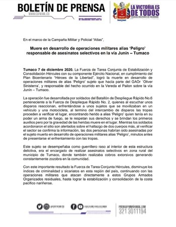Comunicado del Ejercito Nacional en