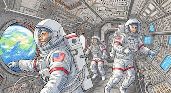 Ilustración a color de tres astronautas con trajes espaciales de la NASA dentro de una nave espacial, uno mira por una ventana circular hacia la Tierra, otro opera controles.