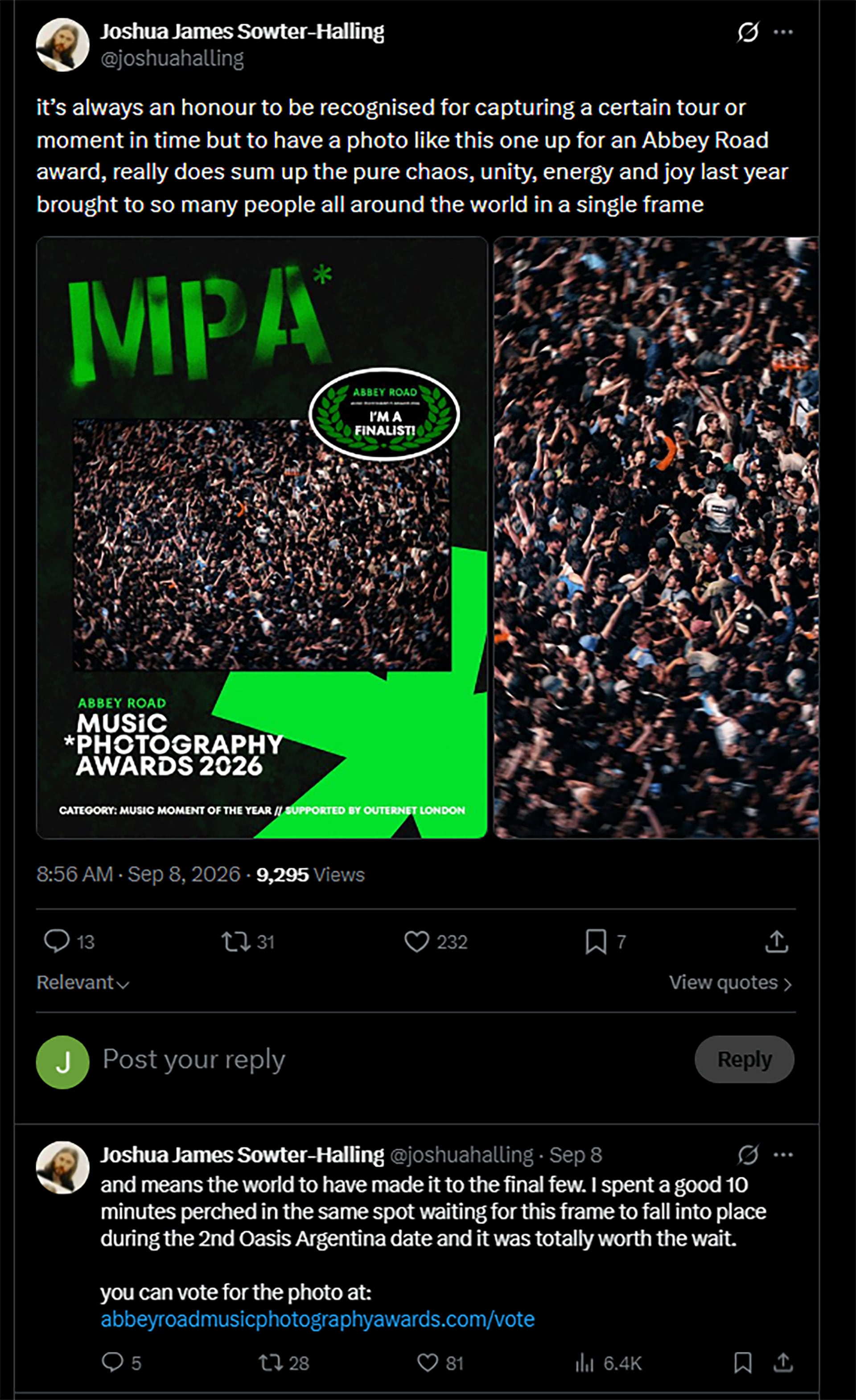 La palabra del fotógrafo Joshua Halling por la nominación de su imagen del público en un concierto de Oasis en Argentina
